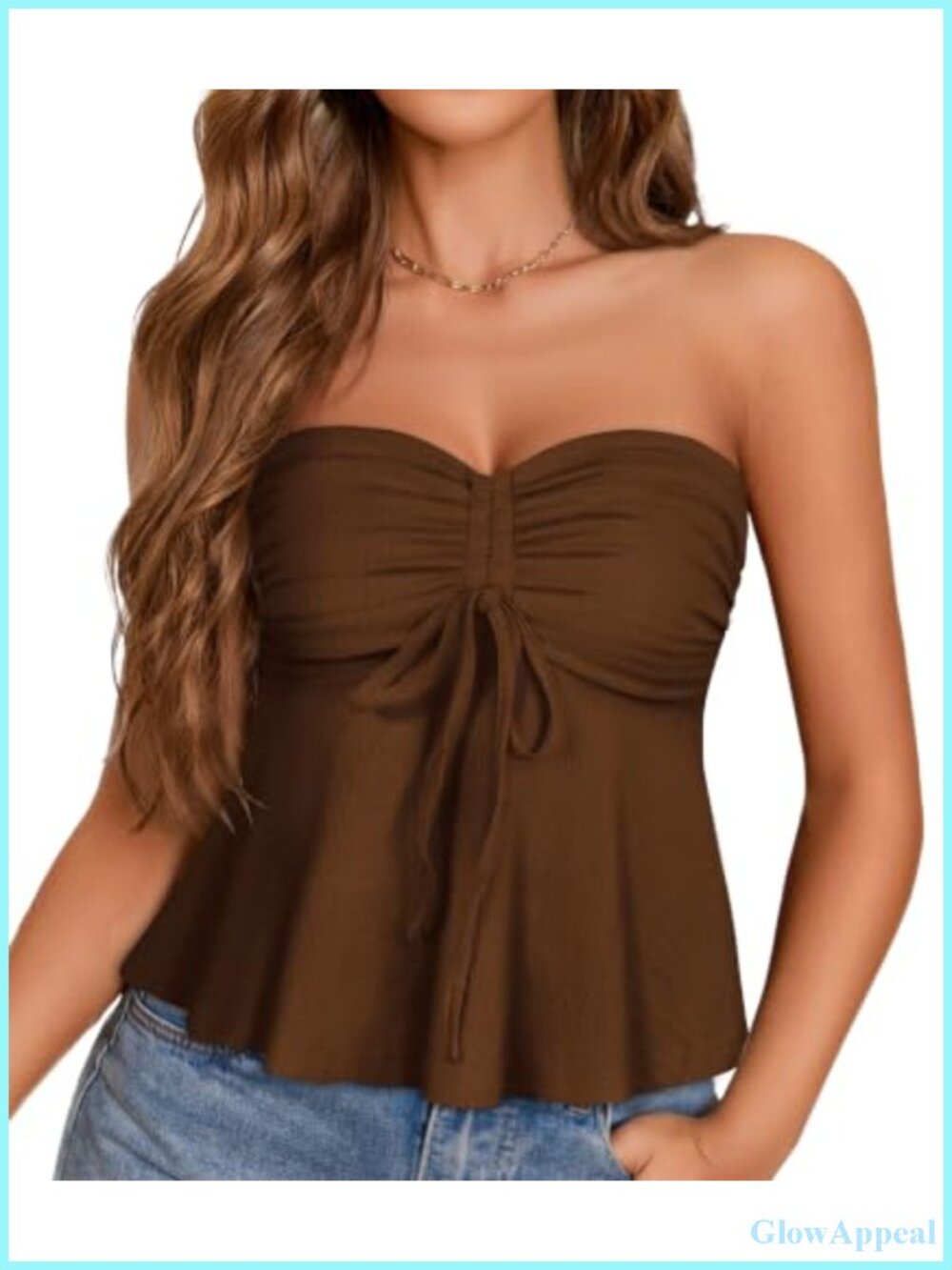 Women's Strapless Tie Front Ruched Peplum Tube Top Casual Bandeau